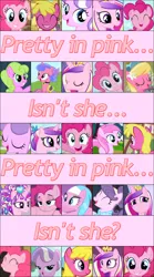 Size: 750x1350 | Tagged: aloe, bow, caption, cherry berry, cute, daisy, derpibooru import, diamond tiara, eyes closed, flower wishes, grin, happy, lidded eyes, lily, lily valley, open mouth, piña colada, piña cutelada, pinkie pie, pretty, pretty in pink, princess cadance, psychedelic furs, royal ribbon, safe, screencap, smiling, song, song reference, suri polomare
