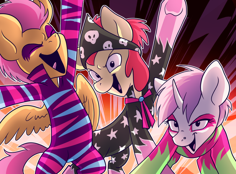 Size: 1280x944 | Tagged: apple bloom, artist:pixel-prism, clothes, cutie mark crusaders, derpibooru import, nose piercing, nose ring, piercing, safe, scootaloo, show stopper outfits, sweetie belle, the show stoppers, twilight sparkle's secret shipfic folder