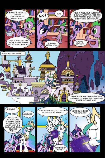 Size: 728x1098 | Tagged: safe, artist:leon-z, derpibooru import, princess celestia, spike, twilight sparkle, twilight sparkle (alicorn), alicorn, pony, comic:returns endings & beginnings, book, canterlot, comic, female, golden oaks library, mare