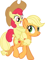 Size: 2686x3553 | Tagged: safe, artist:porygon2z, derpibooru import, apple bloom, applejack, earth pony, pony, accessory swap, applejack's hat, cowboy hat, duo, female, filly, foal, hat, mare, ponies riding ponies, riding, siblings, simple background, sisters, transparent background, vector