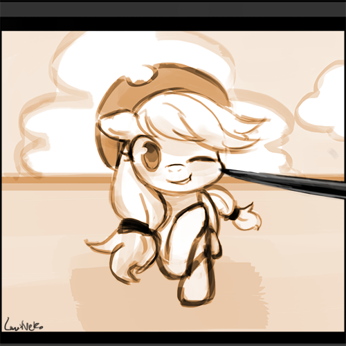 Size: 500x500 | Tagged: 3ds, applejack, artist:lumineko, cheek pinch, crossover, derpibooru import, happy, one eye closed, pinch, pokémon, pokémon amie, safe, solo, stylus, wink