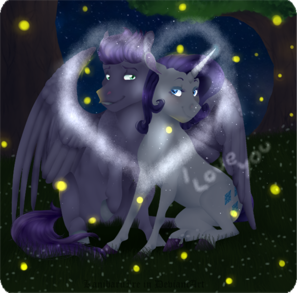 Size: 659x650 | Tagged: safe, artist:kanibaruire, derpibooru import, rarity, oc, oc:kydose, firefly (insect), insect, pegasus, pony, unicorn, forest, heart, love, night, raridose, shipping