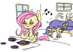 Size: 954x684 | Tagged: safe, artist:nobody, derpibooru import, fluttershy, gilda, gryphon, bed hair, cooking, egg (food), female, food, gildashy, lesbian, morning after, scratches, shipping