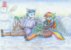 Size: 3485x2449 | Tagged: safe, artist:sinaherib, derpibooru import, rainbow dash, soarin', oc, oc:rainfall, anthro, female, male, offspring, parent:rainbow dash, parent:soarin', parents:soarindash, shipping, snow, snowpony, soarindash, straight, traditional art, winter