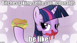 Size: 958x539 | Tagged: burger, caption, derpibooru import, food, hay burger, image macro, mcdonald's, meme, safe, selfie, text, that pony sure does love burgers, twilight burgkle, twilight sparkle, vulgar