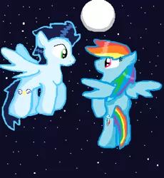 Size: 346x376 | Tagged: safe, artist:littlecloudie, derpibooru import, rainbow dash, soarin', female, male, moon, old cutie mark, shipping, soarindash, stars, straight