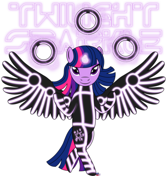 Size: 872x916 | Tagged: safe, artist:guykarat, derpibooru import, twilight sparkle, twilight sparkle (alicorn), alicorn, pony, crossover, female, mare, parody, signature, solo, tron, tron legacy