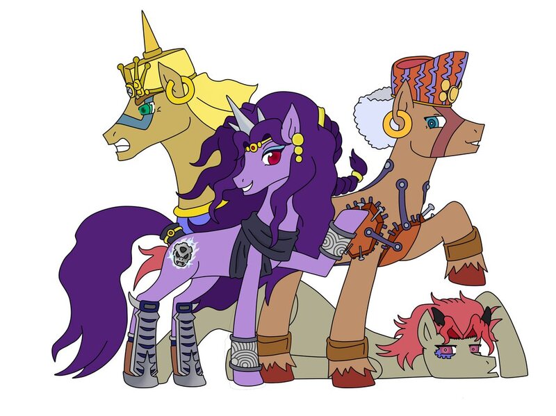 Size: 1024x767 | Tagged: safe, artist:urusee584, derpibooru import, ponified, pony, battle tendency, clothes, esidisi, hat, horns, jojo's bizarre adventure, kars, male, piercing, pillar men, santana, shoes, stone mask, wamuu