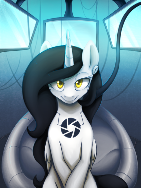 Size: 752x1000 | Tagged: safe, artist:lightning-stars, derpibooru import, ponified, alicorn, pony, aperture science, glados, monitor everything, portal (valve)