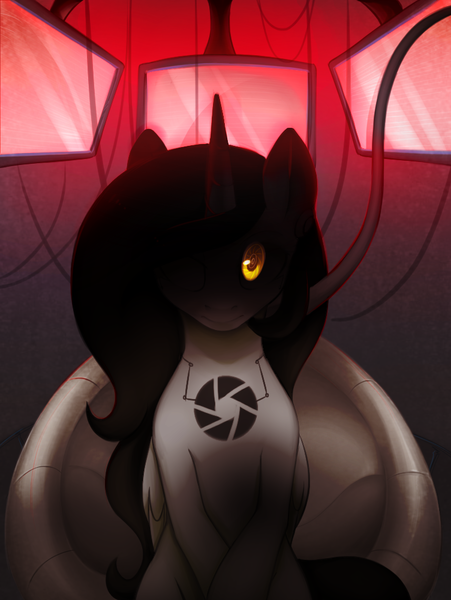 Size: 752x1000 | Tagged: semi-grimdark, artist:lightning-stars, derpibooru import, ponified, alicorn, pony, aperture science, black sclera, glados, monitor everything, portal (valve)