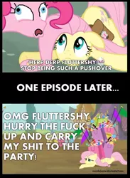 Size: 780x1067 | Tagged: caption, derp, derpibooru import, edit, edited screencap, faic, fluttershy, image macro, it's about time, meme, pinkie drama, pinkie pie, putting your hoof down, safe, screencap, text, vulgar