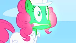 Size: 1280x720 | Tagged: safe, derpibooru import, screencap, pinkie pie, earth pony, pony, sonic rainboom (episode), faic, female, glow, green, green face, hard hat, mare, solo, weather factory uniform, wide eyes