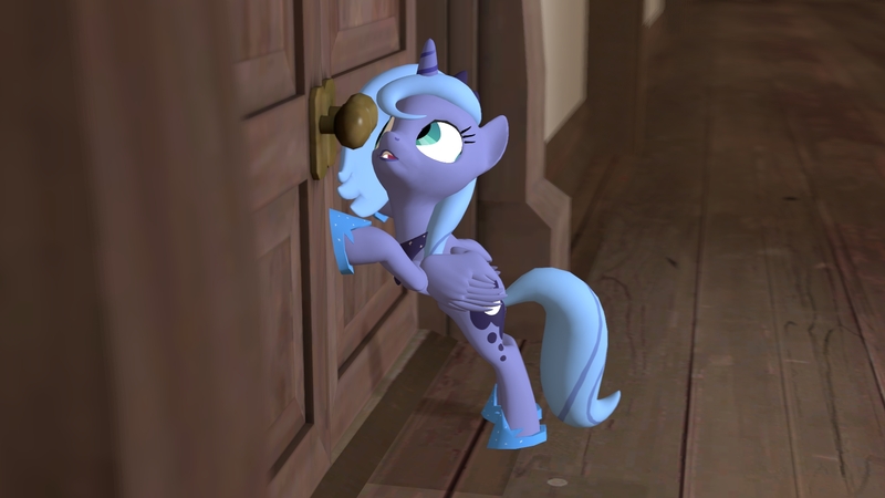 Size: 1920x1080 | Tagged: 3d, artist:elythespidermare, derpibooru import, door, female, filly, frozen (movie), princess luna, reference, safe, solo, source filmmaker, upright, woona, younger