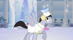 Size: 1099x597 | Tagged: safe, derpibooru import, screencap, applejack, felix, parasol, twilight sparkle, pegasus, pony, sonic rainboom (episode), background pony, race swap, snow, snowflake, weather factory uniform