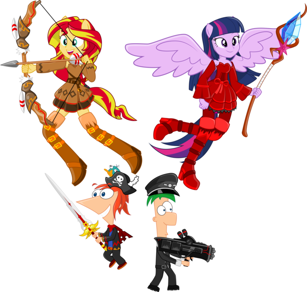 Size: 11675x11101 | Tagged: safe, artist:birdalliance, derpibooru import, sunset shimmer, twilight sparkle, twilight sparkle (alicorn), alicorn, human, equestria girls, rainbow rocks, absurd resolution, arrow, bow (weapon), bow and arrow, crossover, epic battle fantasy, ferb, ferb fletcher, gun, humanized, phineas, phineas and ferb, phineas flynn, ponied up, pony ears, simple background, staff, sword, transparent background, weapon, winged humanization, wings