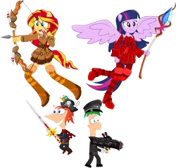 Size: 11675x11101 | Tagged: safe, artist:birdalliance, derpibooru import, sunset shimmer, twilight sparkle, twilight sparkle (alicorn), alicorn, human, equestria girls, rainbow rocks, absurd resolution, arrow, bow (weapon), bow and arrow, crossover, epic battle fantasy, ferb, ferb fletcher, gun, humanized, phineas, phineas and ferb, phineas flynn, ponied up, pony ears, simple background, staff, sword, transparent background, weapon, winged humanization, wings