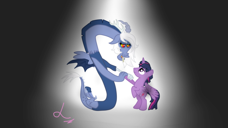 Size: 1024x576 | Tagged: alicorn, artist:princesslovelypony, blue flu, derpibooru import, discolight, discord, duskeris, dusk shine, eris, female, glass of water, male, prince dusk, rule 63, safe, scene interpretation, shipping, straight, three's a crowd, twilight sparkle, twilight sparkle (alicorn)