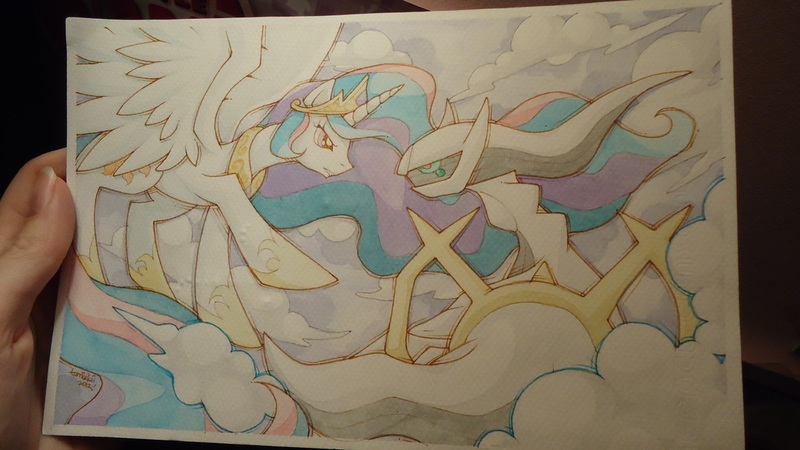 Size: 1100x619 | Tagged: arceus, artist needed, crossover, derpibooru import, offscreen character, pokémon, princess celestia, safe, traditional art