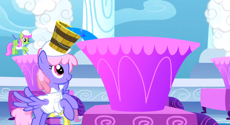 Size: 1099x597 | Tagged: safe, derpibooru import, screencap, merry may, parasol, rainbowshine, pegasus, pony, sonic rainboom (episode), background pony, bucket, female, hard hat, mare, weather factory, weather factory uniform