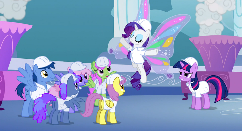 Size: 1099x597 | Tagged: safe, derpibooru import, screencap, blueberry punch, blues, merry may, noteworthy, parasol, peppermint crunch, rainbowshine, rarity, twilight sparkle, pegasus, pony, unicorn, sonic rainboom (episode), animation error, background pony, female, gossamer wings, male, mare, stallion, unicorn twilight, wings