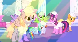 Size: 1099x597 | Tagged: safe, derpibooru import, screencap, applejack, merry may, rainbow dash, rainbowshine, twilight sparkle, pegasus, pony, sonic rainboom (episode), background pony, weather factory uniform