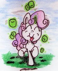 Size: 663x813 | Tagged: artist:airman12, cannibalism, derpibooru import, food, levitation, magic, marshmallow, safe, solo, sweetie belle, sweetie belle's magic brings a great big smile, telekinesis, traditional art