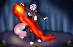 Size: 1280x822 | Tagged: anthro, artist:magic-violet, derpibooru import, fire, magic, magician, magic rarity, pyromancy, safe, solo, stage, sweetie belle, sweetie belle's magic brings a great big smile