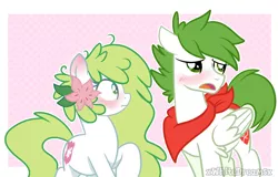 Size: 1024x656 | Tagged: safe, artist:xwhitedreamsx, derpibooru import, oc, oc:gracidea, ponified, pony, shaymin, blushing, confession, female, flower, flower in hair, male, mare, pokémon, shipping, stallion, story included