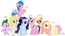 Size: 1178x645 | Tagged: applejack, applejack (g1), artist:atomiclance, dead source, derpibooru import, firefly, fluttershy, g1, g1 six, g1 to g4, generation leap, mane seven, mane six, pinkie pie, posey, rainbow dash, rarity, safe, simple background, sparkler (g1), spike, surprise, transparent background, twilight sparkle