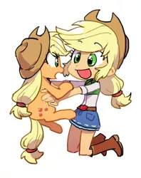 Size: 351x444 | Tagged: safe, artist:baekgup, derpibooru import, applejack, pony, equestria girls, applejack's hat, clothes, cowboy hat, cute, freckles, hat, holding a pony, human ponidox, jackabetes, kneeling, looking at each other, open mouth, self ponidox, simple background, square crossover, weapons-grade cute, white background