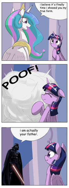 Size: 1737x4737 | Tagged: safe, artist:otakuap edit, derpibooru import, princess celestia, twilight sparkle, twilight sparkle (alicorn), alicorn, pony, celestia's true form, character to character, comic, comic sans, darth vader, exploitable meme, female, forced meme, lightsaber, mare, meme, star wars, transformation, true form, weapon