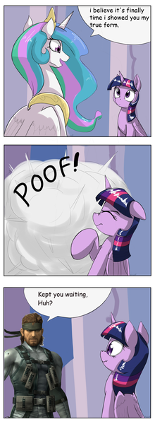 Size: 1737x4737 | Tagged: safe, artist:otakuap, derpibooru import, edit, princess celestia, twilight sparkle, twilight sparkle (alicorn), alicorn, pony, celestia's true form, character to character, comic, comic sans, exploitable meme, female, forced meme, image, mare, meme, metal gear, png, solid snake