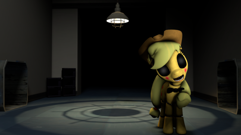 Size: 1191x670 | Tagged: 3d, animatronic, applefreddy, applefreddy fazjack's pizzeria, applejack, creepy, derpibooru import, five nights at aj's, five nights at aj's 2, five nights at freddy's, gmod, robot, safe, solo, source filmmaker, toy applefazjack