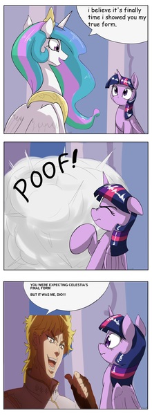 Size: 1737x4737 | Tagged: safe, artist:otakuap edit, derpibooru import, princess celestia, twilight sparkle, twilight sparkle (alicorn), alicorn, pony, celestia's true form, character to character, comic, dio brando, exploitable meme, female, forced meme, it was me, jojo's bizarre adventure, mare, meme