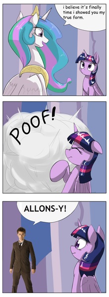 Size: 1737x4737 | Tagged: safe, artist:otakuap edit, derpibooru import, princess celestia, twilight sparkle, twilight sparkle (alicorn), alicorn, pony, celestia's true form, character to character, comic, david tennant, doctor who, exploitable meme, female, forced meme, mare, meme, tenth doctor