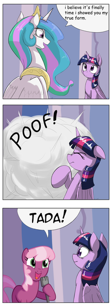 Size: 1737x4737 | Tagged: safe, artist:otakuap edit, derpibooru import, cheerilee, princess celestia, twilight sparkle, twilight sparkle (alicorn), alicorn, pony, celestia's true form, character to character, cheerilee pun, comic, comic sans, crossing the memes, double meme, exploitable meme, female, forced meme, happy, hoof hold, mare, meme, microphone, nicole oliver, open mouth, pony to pony, pun, scrunchy face, shading, smiling, transformation, true form, voice actor joke