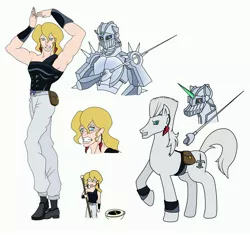 Size: 3832x3600 | Tagged: safe, artist:urusee584, derpibooru import, prince blueblood, ponified, human, pony, crossover, humanized, jean pierre polnareff, jojo's bizarre adventure, silver chariot, stand, stardust crusaders, stick, toilet