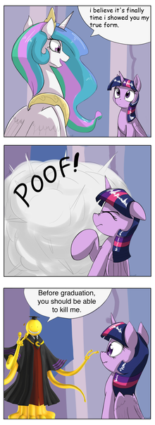 Size: 1737x4737 | Tagged: safe, artist:otakuap edit, derpibooru import, princess celestia, twilight sparkle, twilight sparkle (alicorn), alicorn, pony, anime, ansatsu kyoshitsu, assassination classroom, celestia's true form, character to character, comic, exploitable meme, female, forced meme, korosensei, mare, meme