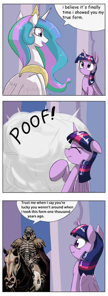 Size: 1737x4737 | Tagged: safe, artist:otakuap edit, derpibooru import, princess celestia, twilight sparkle, twilight sparkle (alicorn), alicorn, pony, berserk, celestia's true form, character to character, comic, exploitable meme, female, forced meme, mare, meme, skull knight