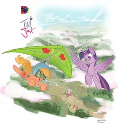 Size: 770x813 | Tagged: safe, artist:jowybean, derpibooru import, applejack, twilight sparkle, twilight sparkle (alicorn), alicorn, pony, female, hang gliding, lesbian, mare, shipping, twijack