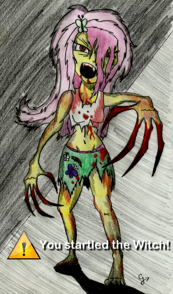 Size: 1006x1711 | Tagged: grimdark, artist:nocturnalmirage88, derpibooru import, fluttershy, undead, zombie, equestria girls, belly button, blood, infected, left 4 dead, parody, solo, witch (left 4 dead)