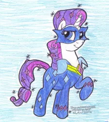 Size: 715x797 | Tagged: safe, artist:artistnjc, deleted from derpibooru, derpibooru import, radiance, rarity, unicorn, power ponies (episode), clothes, costume, power ponies, raised hoof, simple background, smiling, solo, superhero, traditional art