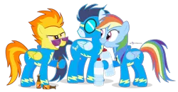 Size: 1000x520 | Tagged: artist:dm29, clothes, derpibooru import, goggles, hot sauce, rainbow dash, safe, simple background, soarin', spitfire, sunglasses, this will end in diarrhea, this will end in pain, transparent background, trio, uniform, water bottle, wonderbolts, wonderbolts uniform