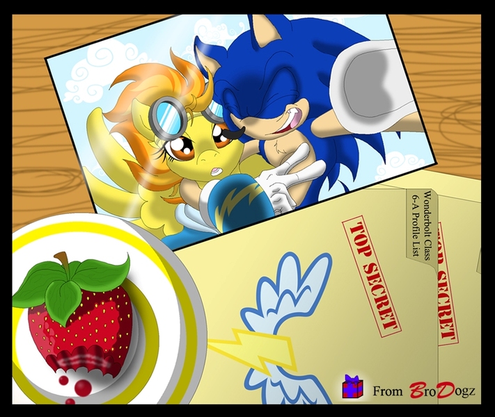 Size: 895x755 | Tagged: a new dawn, artist:brodogz, clothes, crossover, derpibooru import, desk, fanfic, fanfic art, file, food, photo, picture, safe, sonic the hedgehog, sonic the hedgehog (series), spitfire, strawberry, the simple life, uniform, wonderbolts, wonderbolts uniform