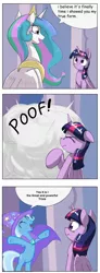 Size: 1024x2770 | Tagged: safe, artist:otakuap edit, derpibooru import, princess celestia, trixie, twilight sparkle, twilight sparkle (alicorn), alicorn, pony, celestia's true form, character to character, comic, exploitable meme, female, forced meme, mare, meme, pony to pony, scrunchy face, transformation, true form