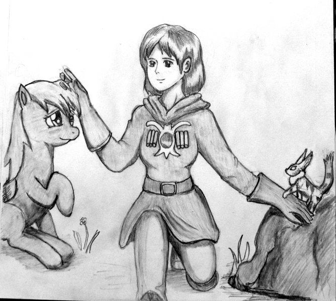 Size: 2338x2101 | Tagged: safe, artist:sdf1jjak, derpibooru import, derpy hooves, pegasus, pony, female, mare, monochrome, nausicaa & derpy, nausicaa of the valley of the wind, squirrel fox, studio ghibli, teto, traditional art