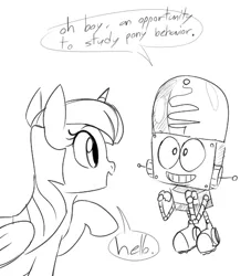 Size: 471x518 | Tagged: safe, artist:dotkwa, derpibooru import, twilight sparkle, twilight sparkle (alicorn), alicorn, pony, crossover, dialogue, female, mare, monochrome, robot jones, waving, whatever happened to robot jones