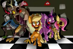 Size: 1024x683 | Tagged: safe, artist:dovethekitty, derpibooru import, applejack, discord, fluttershy, twilight sparkle, twilight sparkle (alicorn), alicorn, pony, robot, five nights at aj's, animatronic, applefreddy, applefreddy fazjack's pizzeria, bonnie, chica, crossover, dismangle, female, five nights at aj's 2, five nights at freddy's, flutterchica, freddy fazbear, mangle, mare, solo, twibon