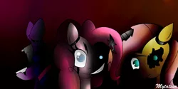 Size: 1200x600 | Tagged: artist:mytatsur, creepy, damaged, derpibooru import, five nights at aj's, five nights at freddy's, flutterchica, fluttershy, pinkie pie, semi-grimdark, twibon, twilight sparkle