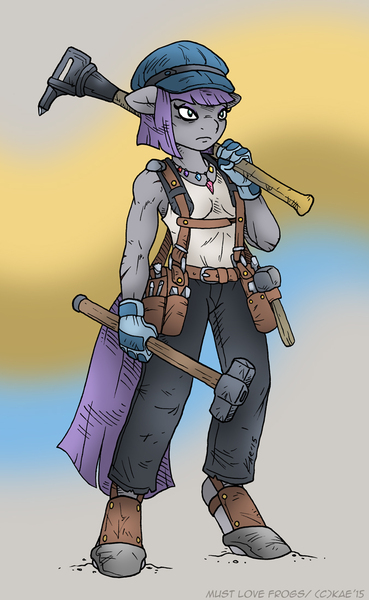 Size: 676x1100 | Tagged: anthro, artist:kaemantis, boulder (pet), clothes, derpibooru import, geology, hammer, hat, maud pie, safe, sledgehammer, solo, unguligrade anthro